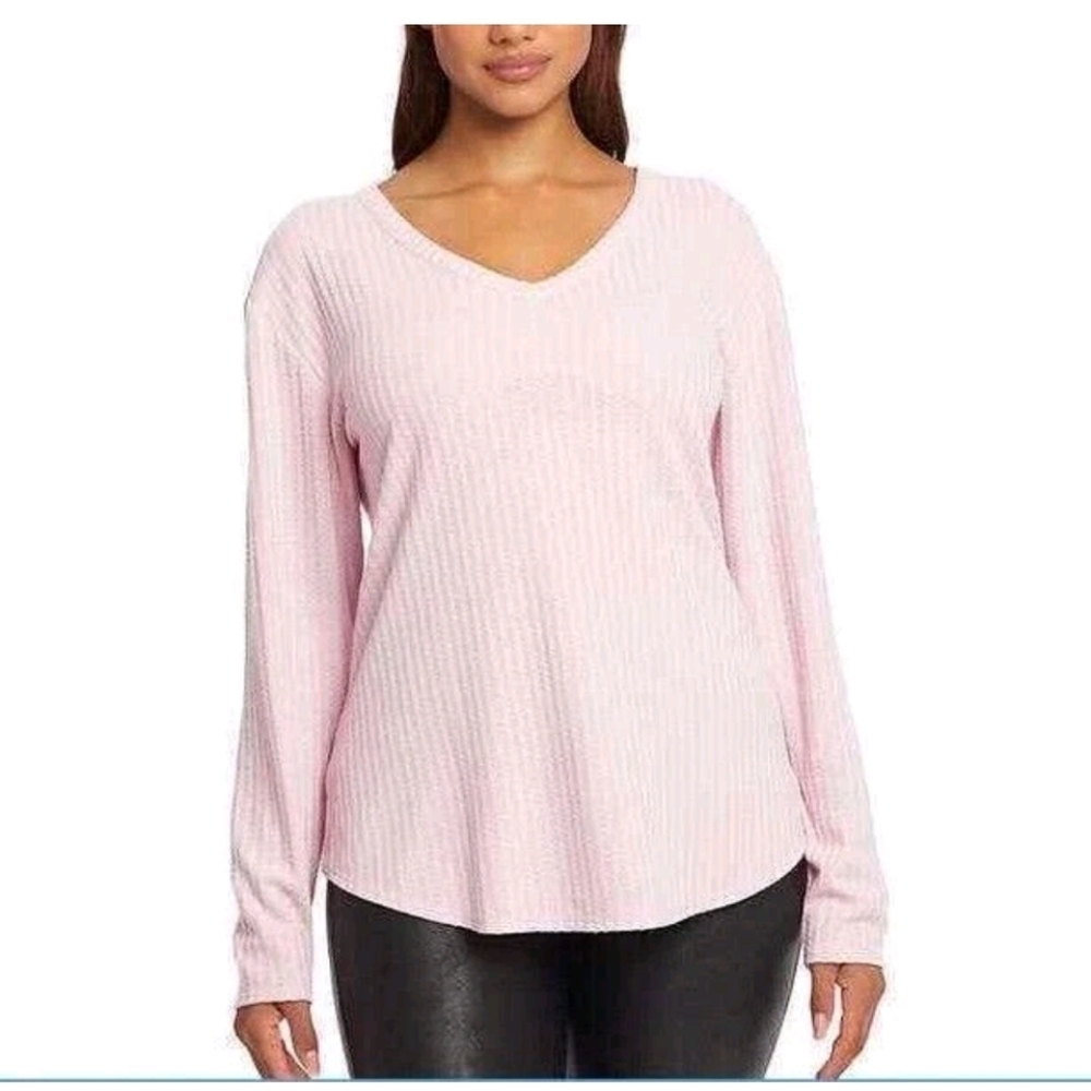 NWT Chaser Womens Waffle Knit‎ Pink V-Neck Top Shirt Long Sleeve L